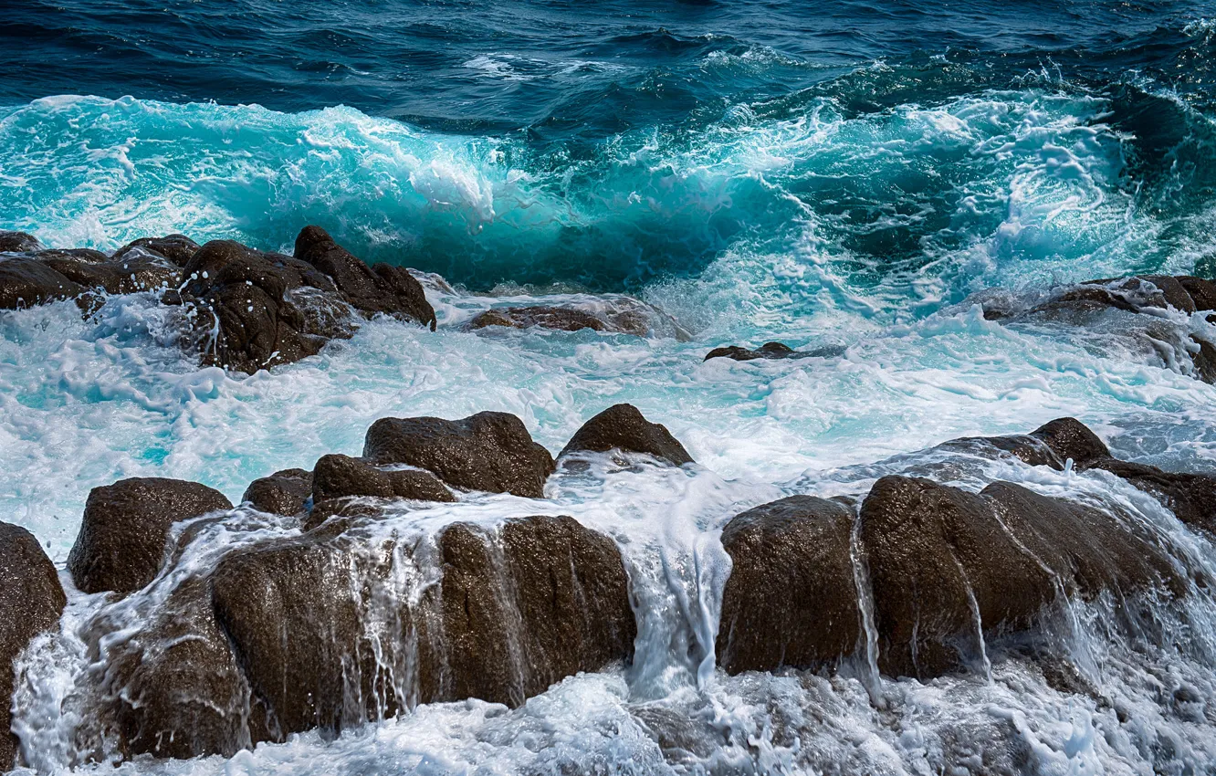 Photo wallpaper sea, wave, squirt, stones, rocks