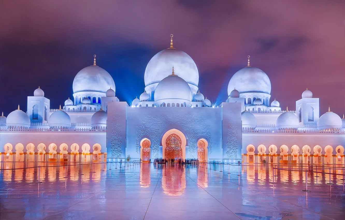 Photo wallpaper the evening, lighting, mosque, UAE, dome, The Sheikh Zayed Grand mosque, Abu Dhabi, Islam
