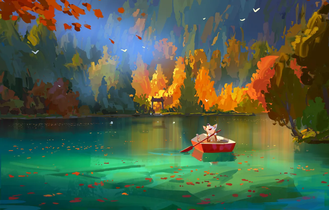 Photo wallpaper autumn, nature, lake, boat, mouse, Corgi