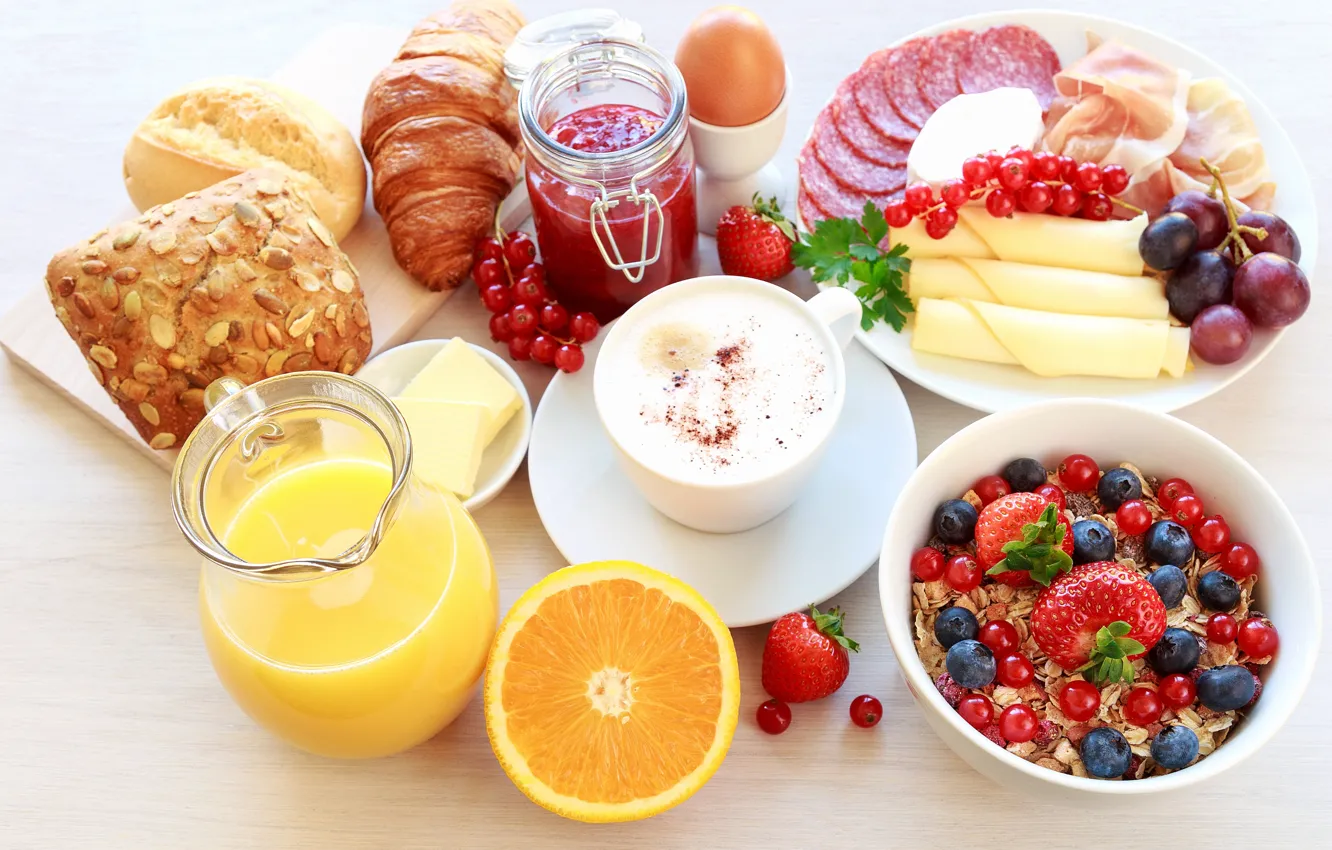 Photo wallpaper berries, table, eggs, cheese, grapes, still life, sausage, buns
