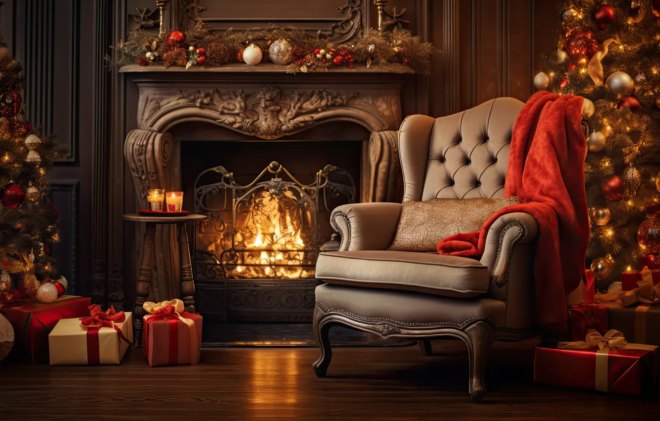 Photo wallpaper decoration, room, gift, balls, tree, new year, interior, chair
