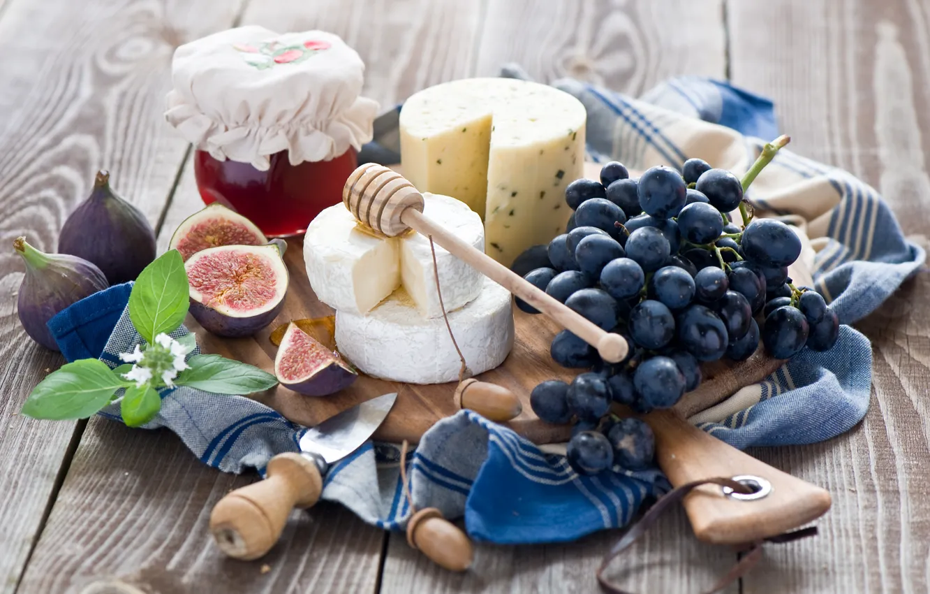 Photo wallpaper cheese, grapes, still life, honey, figs