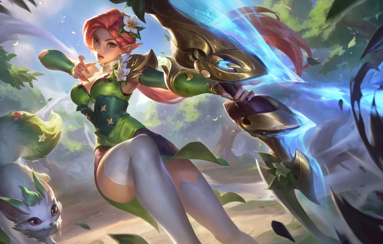 Photo wallpaper girl, fantasy, fox, weapon, redhead, elf, digital art, bow