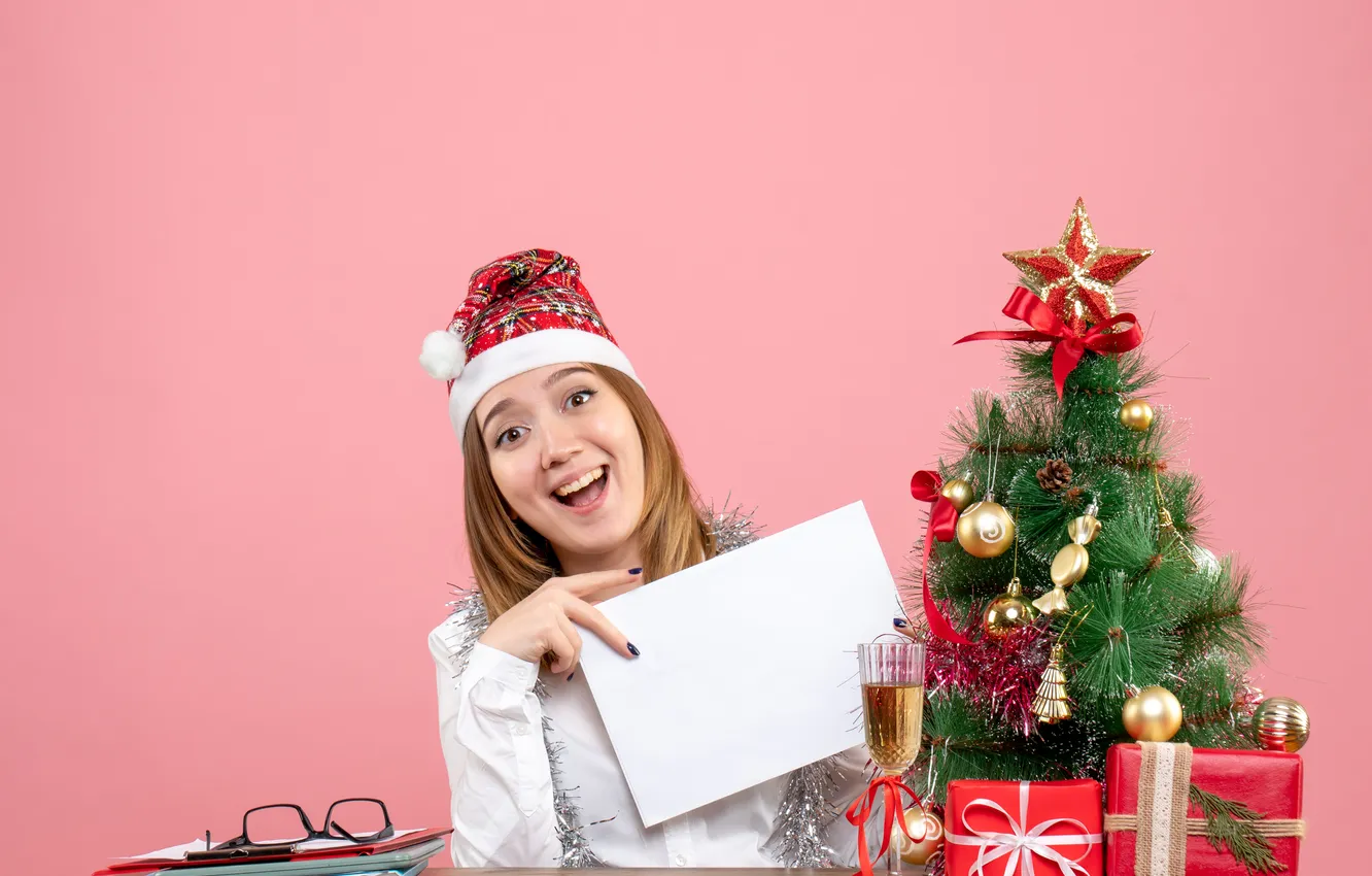 Photo wallpaper young, pink, female, holding, worker, documents