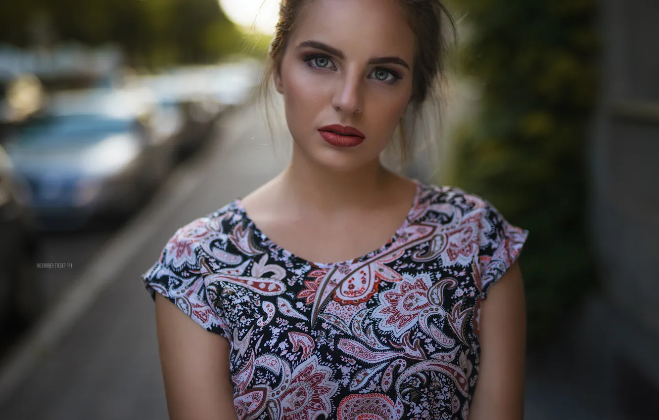 Photo wallpaper road, machine, look, pose, model, portrait, makeup, dress