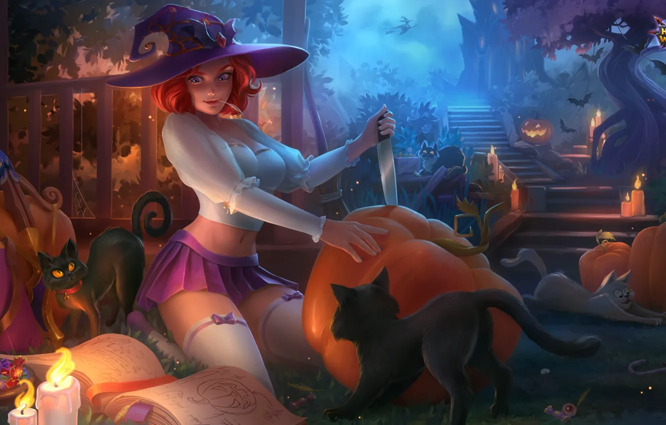 Photo wallpaper cat, girl, night, witch, Halloween, Artemis, Hero Wars, by Daria Unicorn Princess