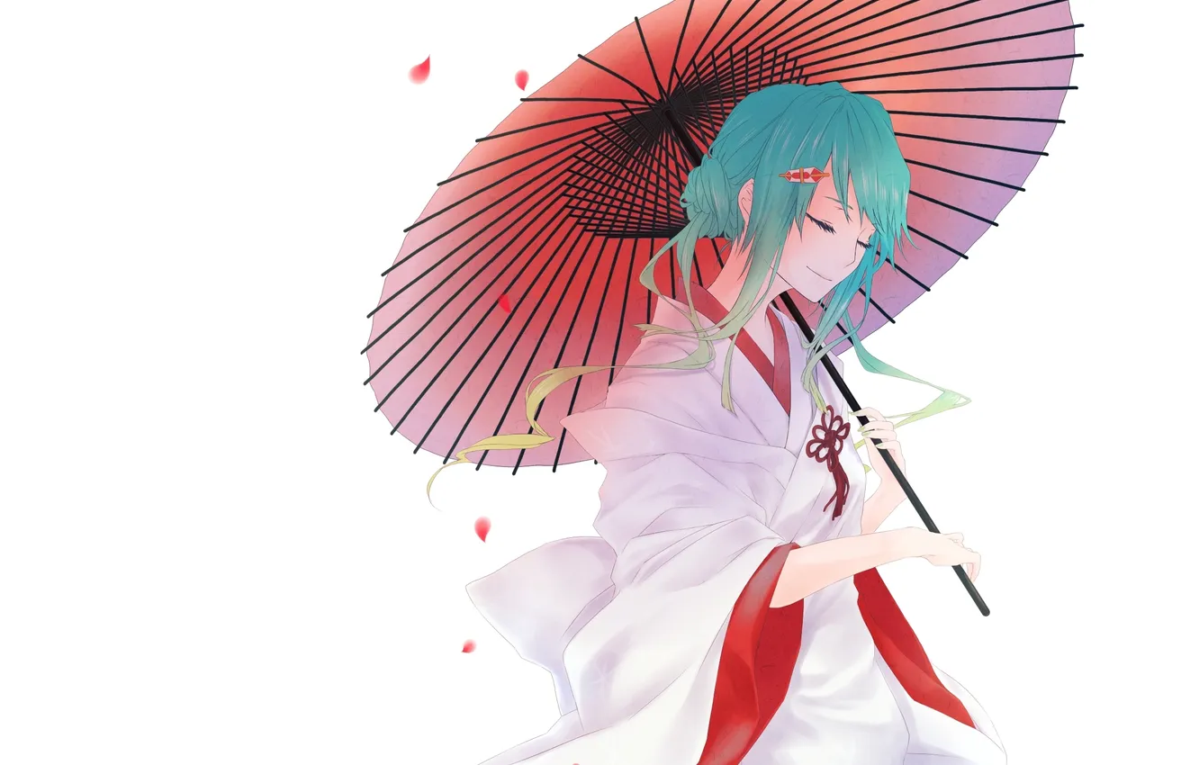 Photo wallpaper girl, smile, background, umbrella, petals, vocaloid, Vocaloid, art