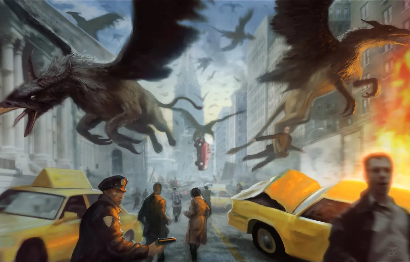 Photo wallpaper machine, the city, people, monster, art, Griffin, panic, Legendary