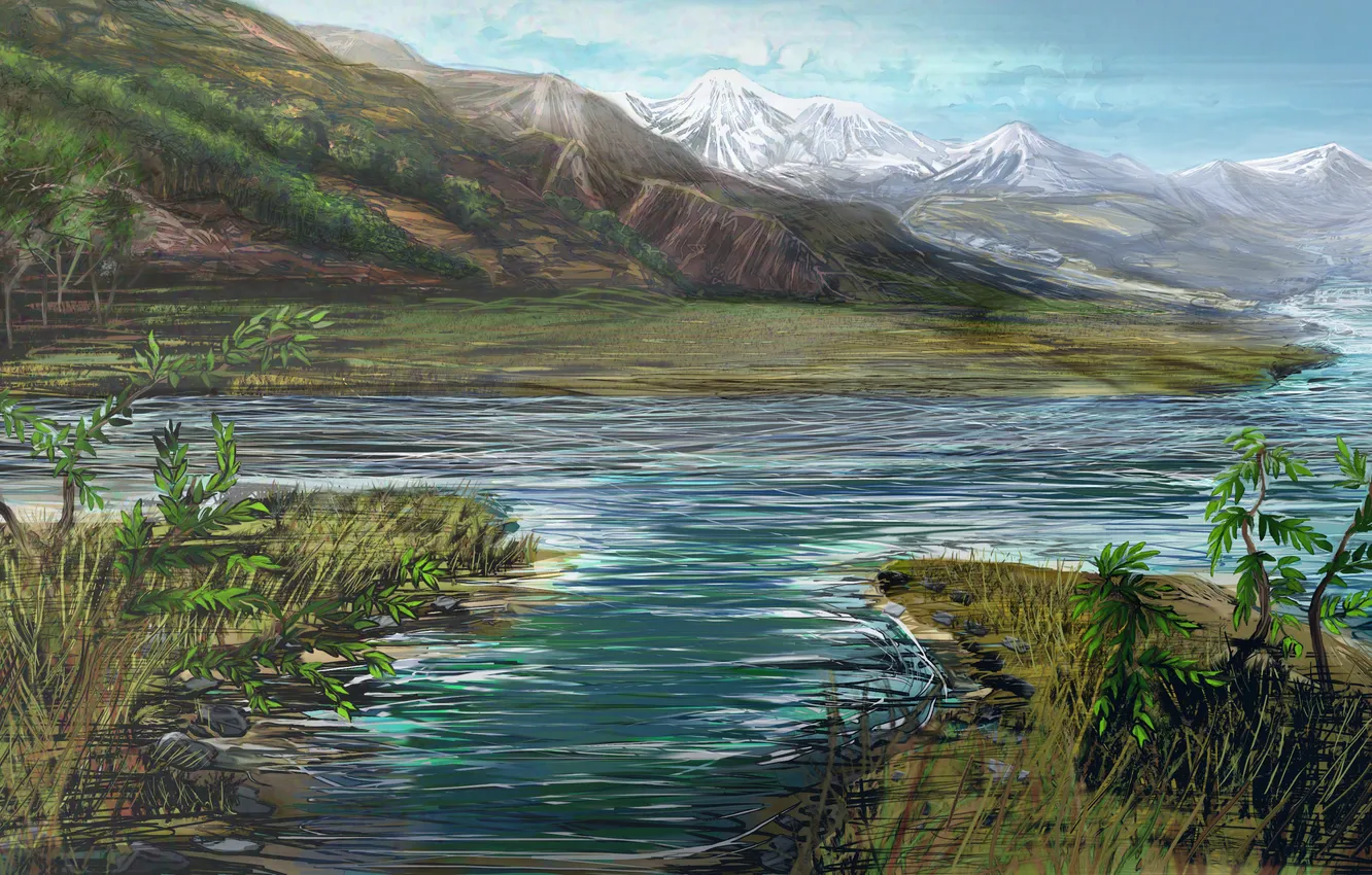 Photo wallpaper snow, mountains, nature, river, hills, figure, plant, art