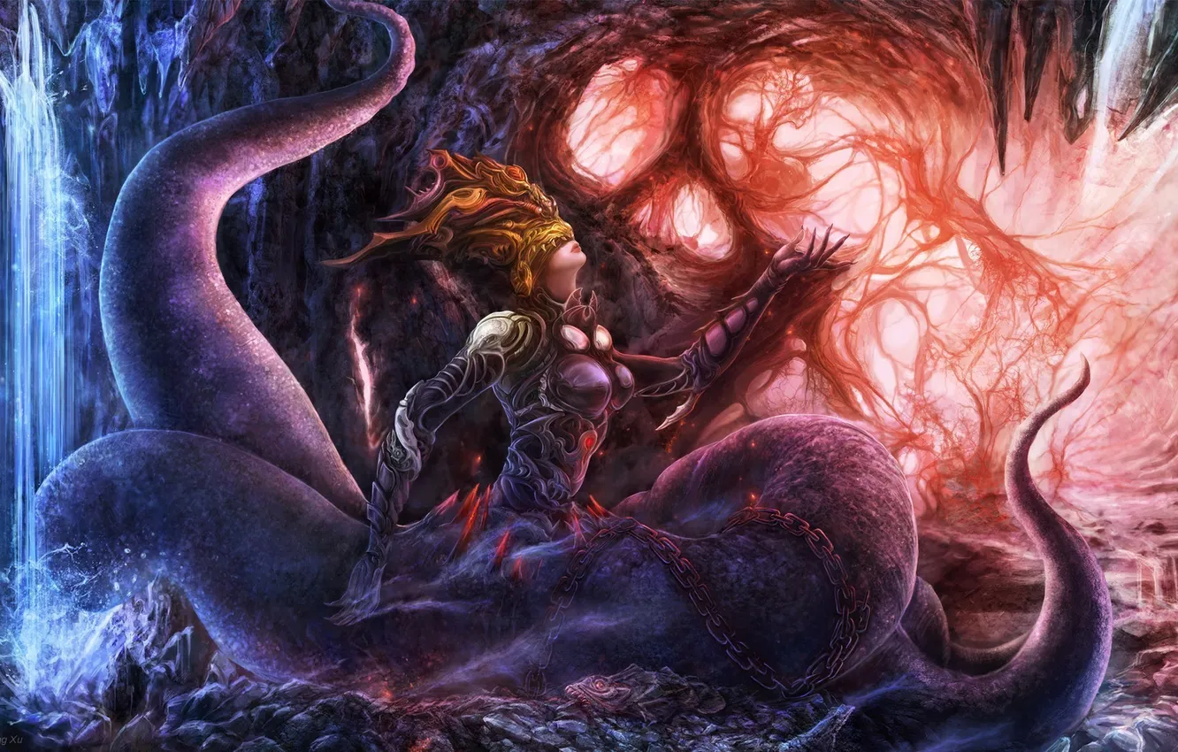 Photo wallpaper water, girl, waterfall, monster, art, tentacles, chain, headband