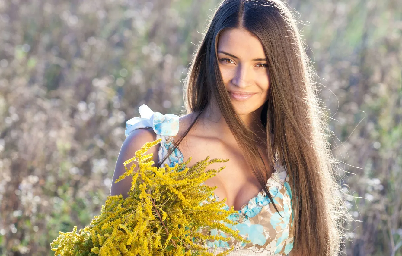 Photo wallpaper field, girl, flowers, smile, dress, brunette, long hair