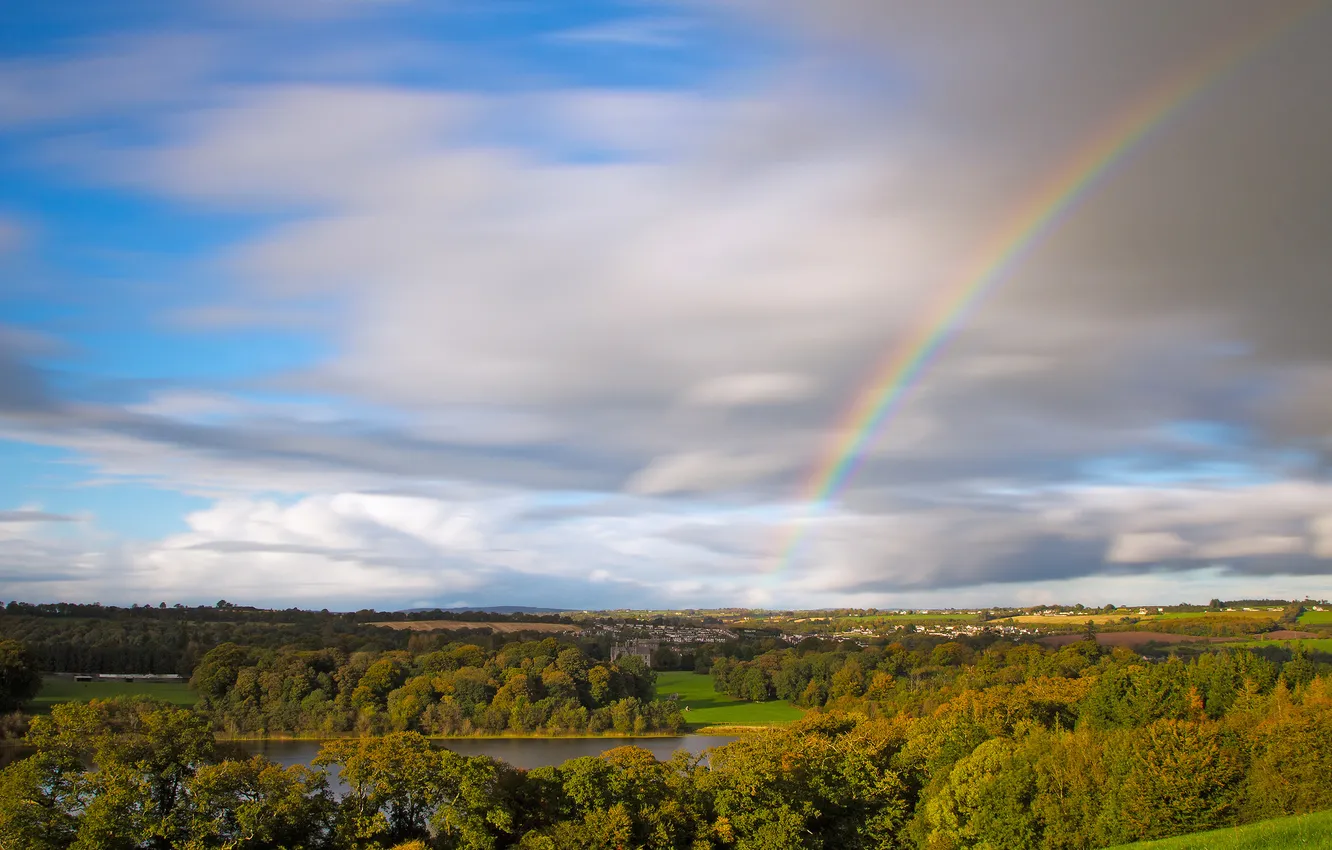 Photo wallpaper autumn, the sky, clouds, trees, rainbow, Ireland