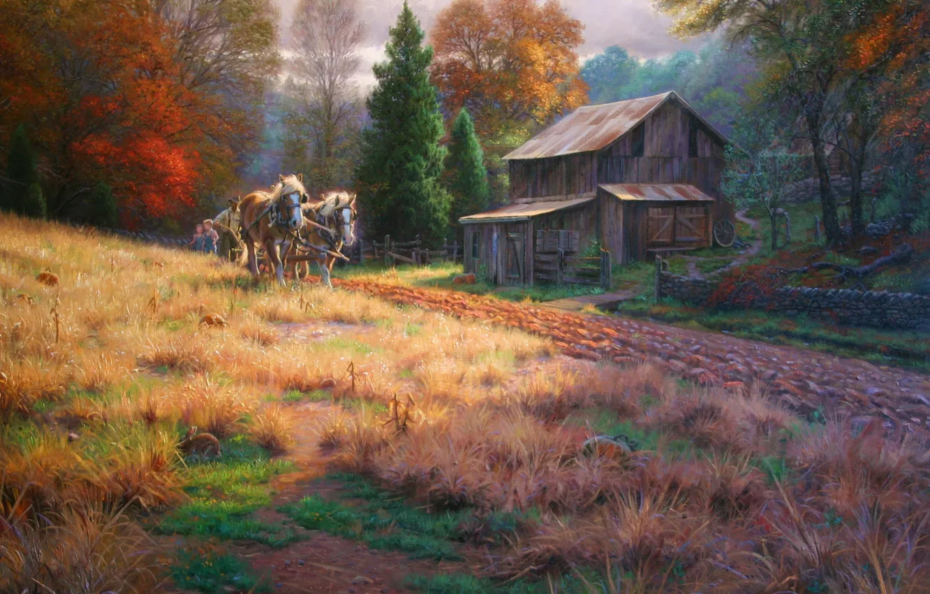 Photo wallpaper field, autumn, children, horse, village, the barn, painting, The Legacy