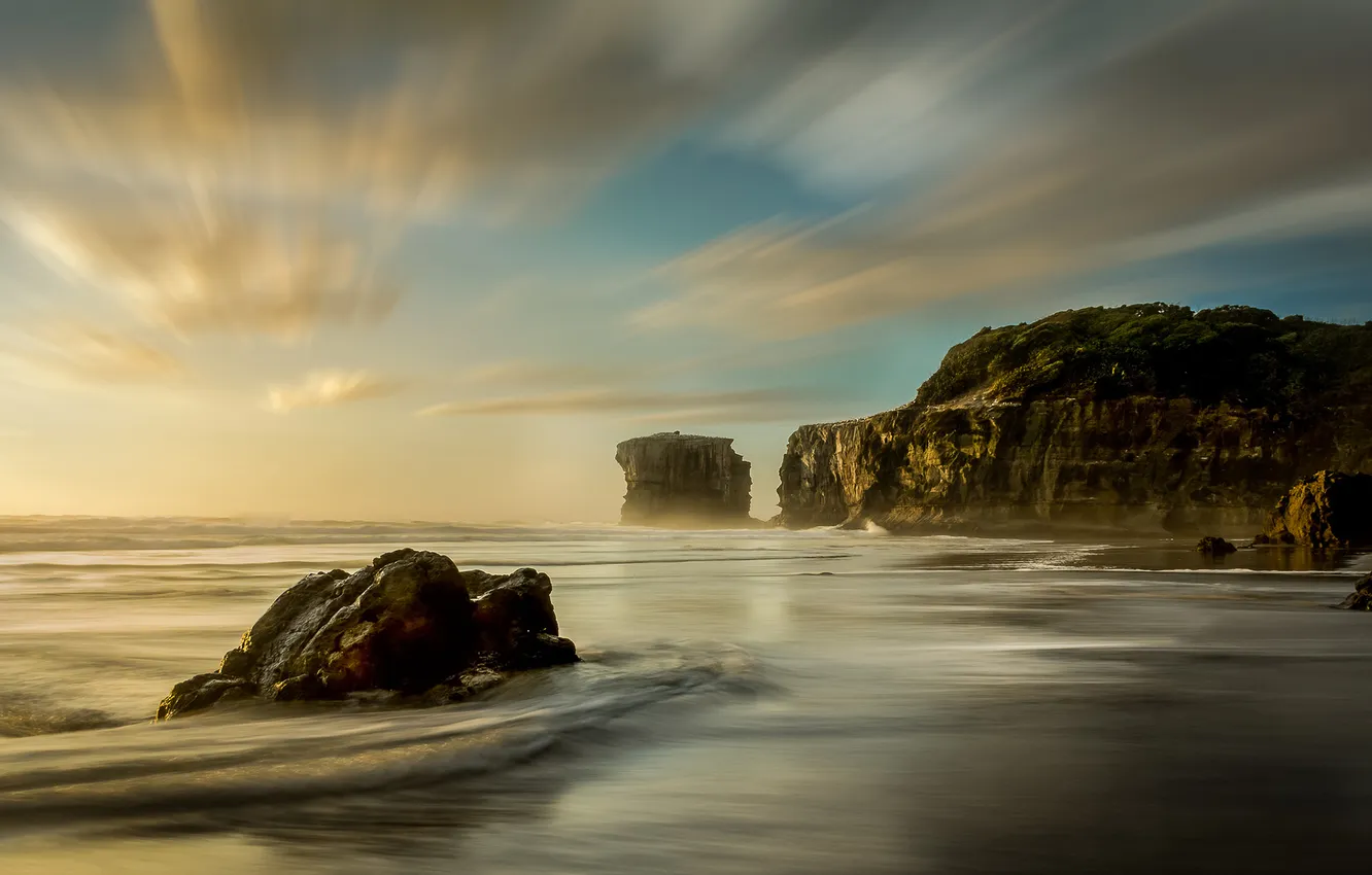Photo wallpaper rock, beach, ocean, New Zealand, muriwai