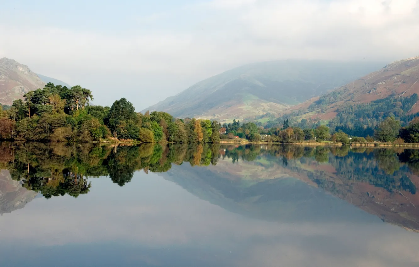 Photo wallpaper forest, trees, landscape, nature, lake, reflection, hills, panorama