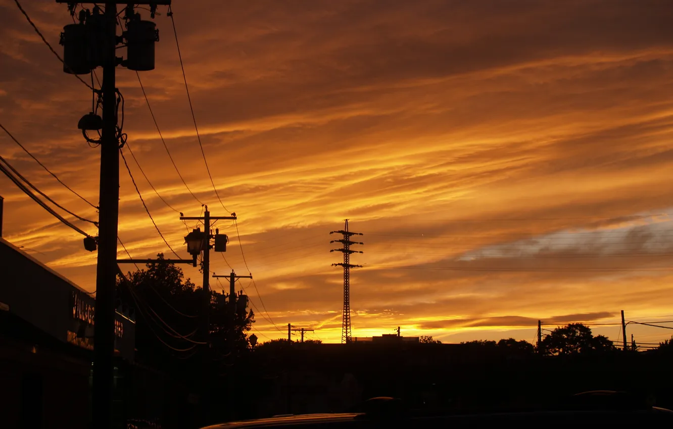 Photo wallpaper the sky, the sun, clouds, sunset, city, the city, street, posts