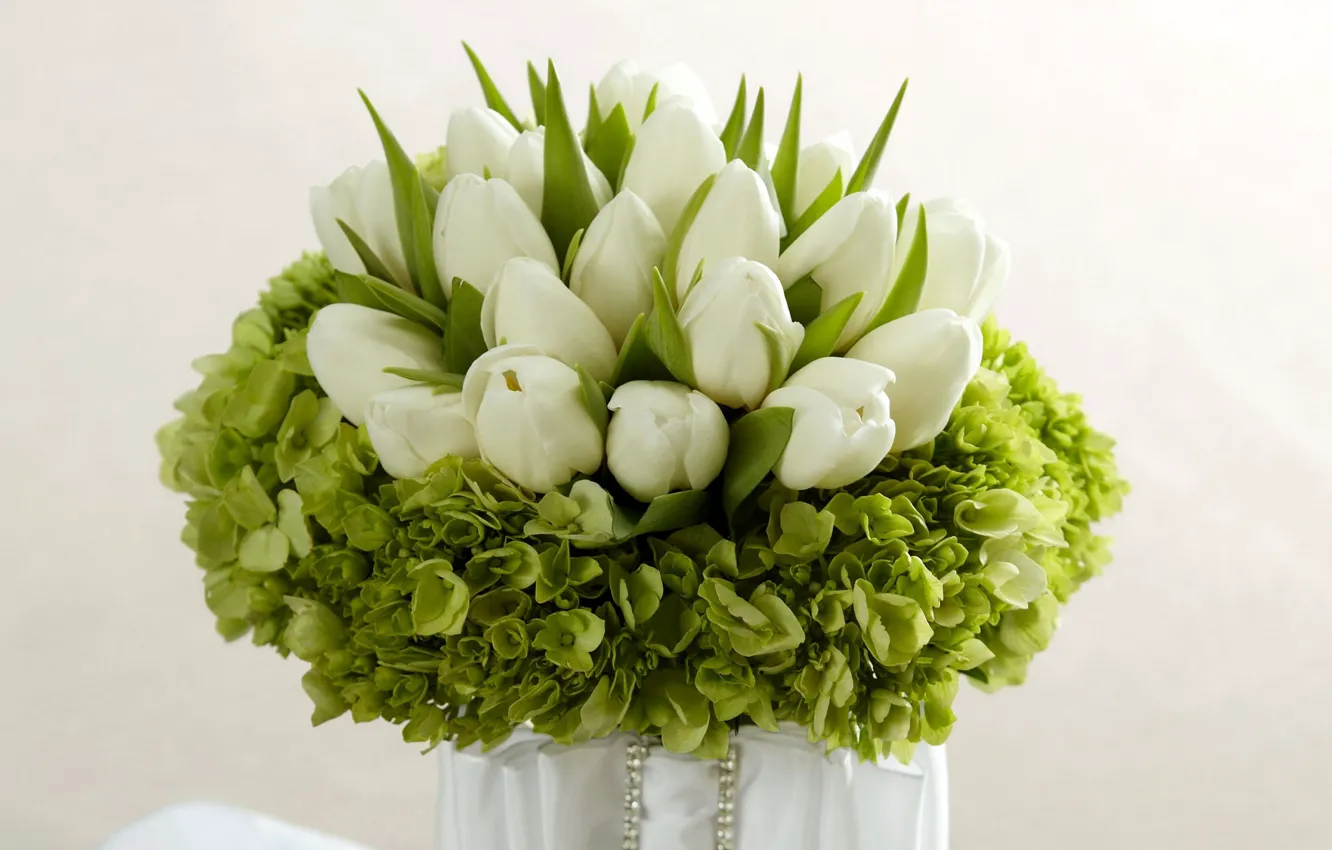 Photo wallpaper greens, bouquet, tulips