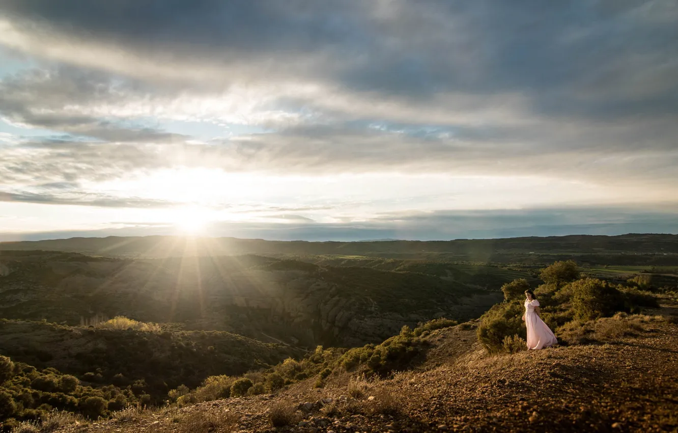 Photo wallpaper the sky, girl, landscape, nature, romance, dal, dress, long hair