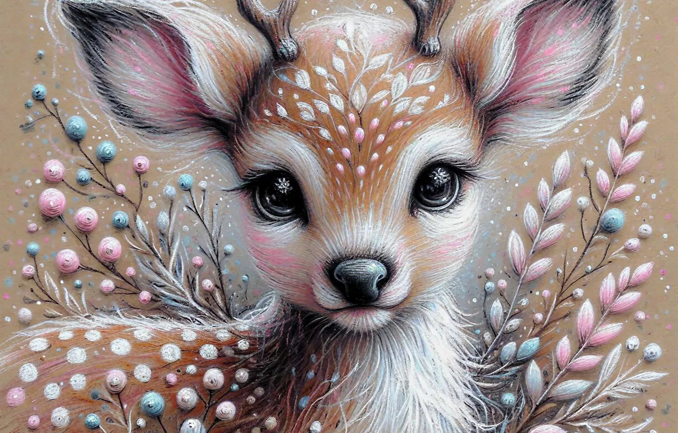 Photo wallpaper sprig, portrait, styling, deer, face, fawn, white-tailed deer, AI art