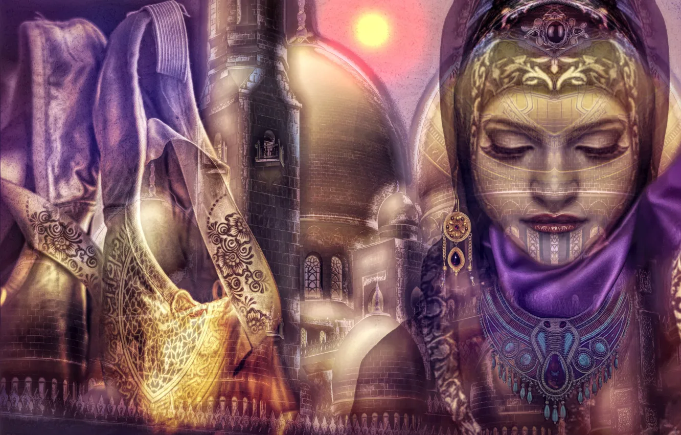 Photo wallpaper girl, collage, temple, East, bag, Muslim woman