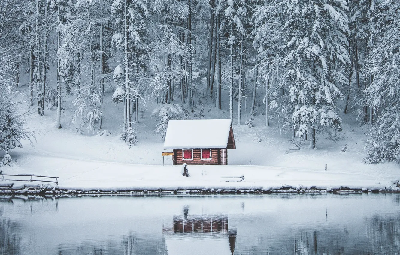 Photo wallpaper ice, house, winter, lake, snow
