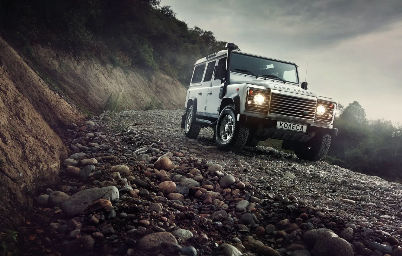 Photo wallpaper Light, Land Rover, Front, 4x4, Defender, SUV, Jeep, Mountain Road
