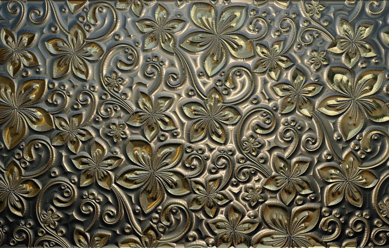 Photo wallpaper flowers, chasing, relief, silver, lights, background, Golden, curls