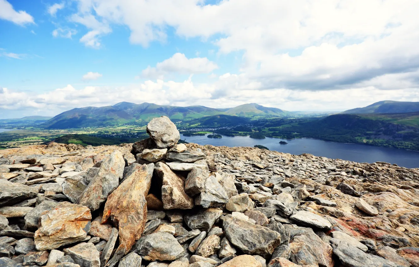 Photo wallpaper the sky, clouds, landscape, mountains, lake, stones