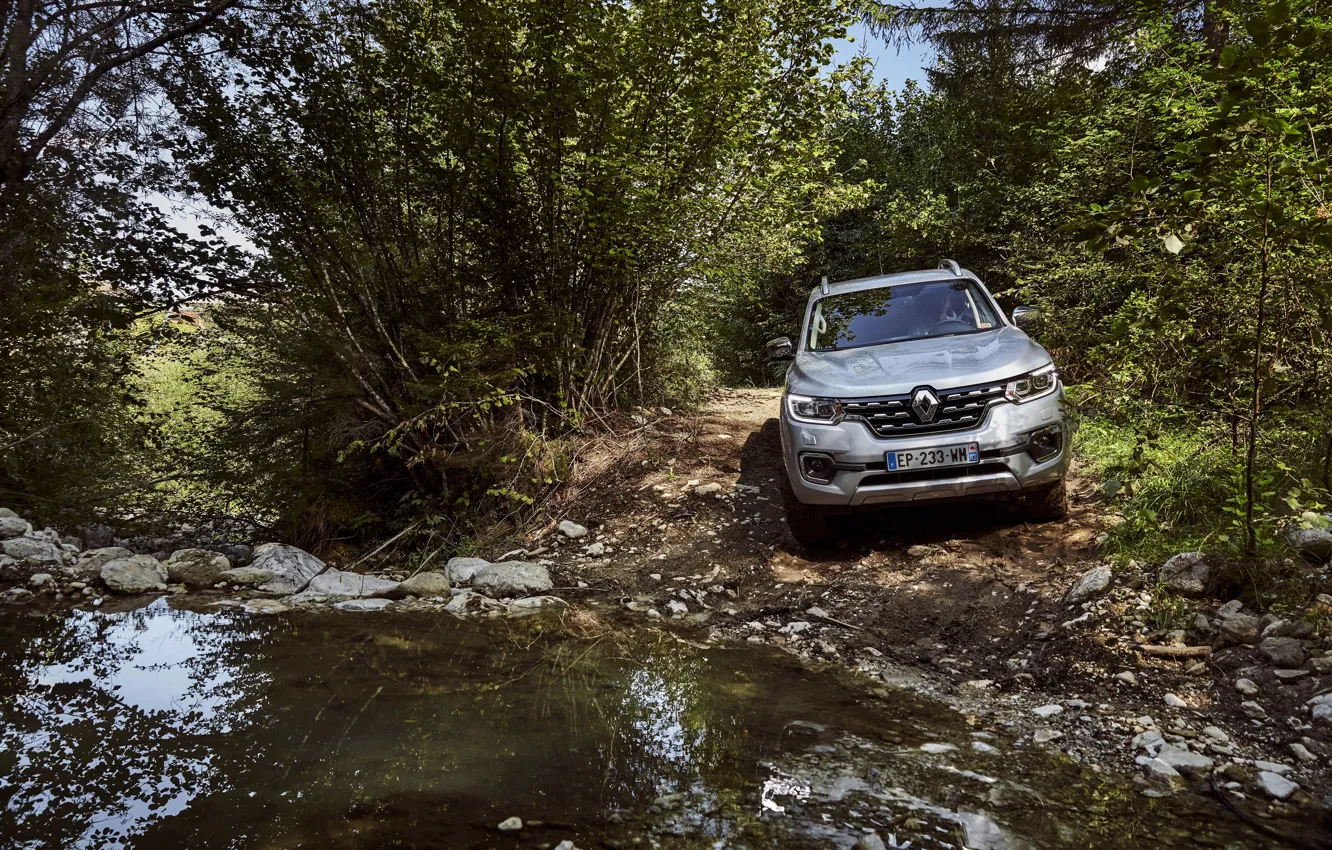 Photo wallpaper water, stones, Renault, pickup, 4x4, shrub, 2017, Alaskan