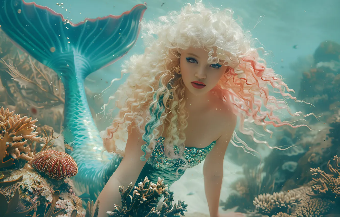 Photo wallpaper look, girl, hair, mermaid, corals, blonde, tail, underwater world