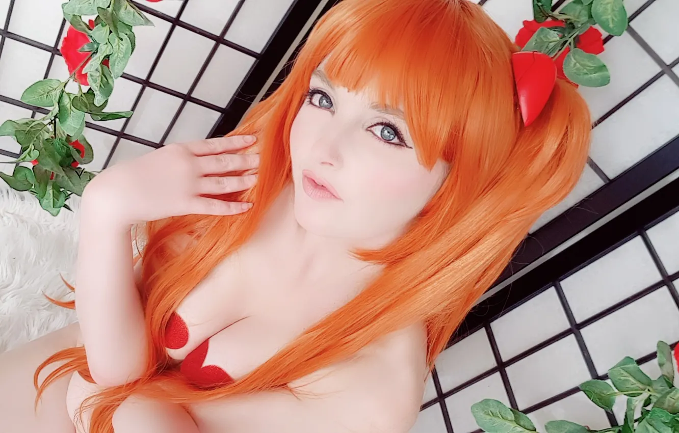 Photo wallpaper flowers, portrait, gesture, redhead, cute girl