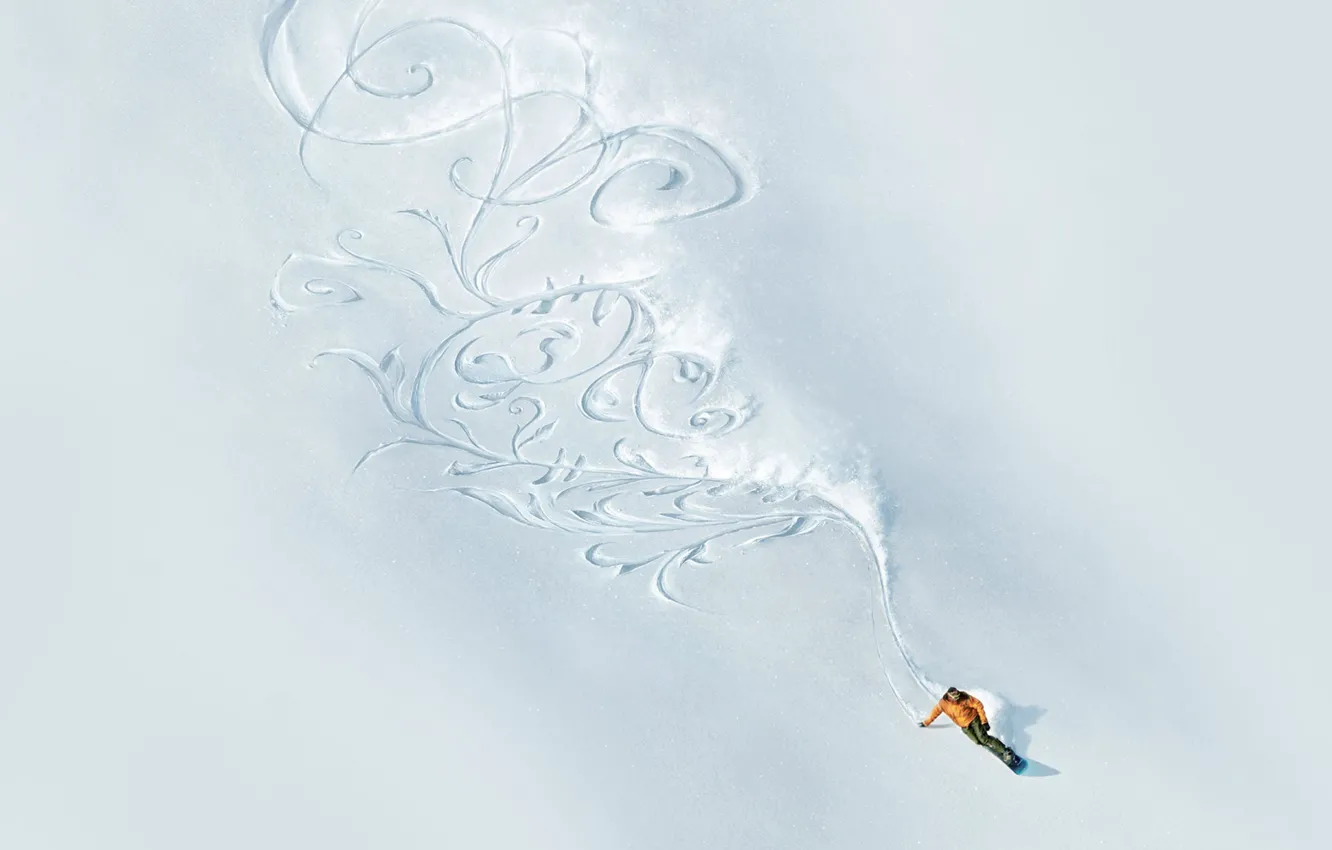 Photo wallpaper snow, mountains, pattern, snowboard