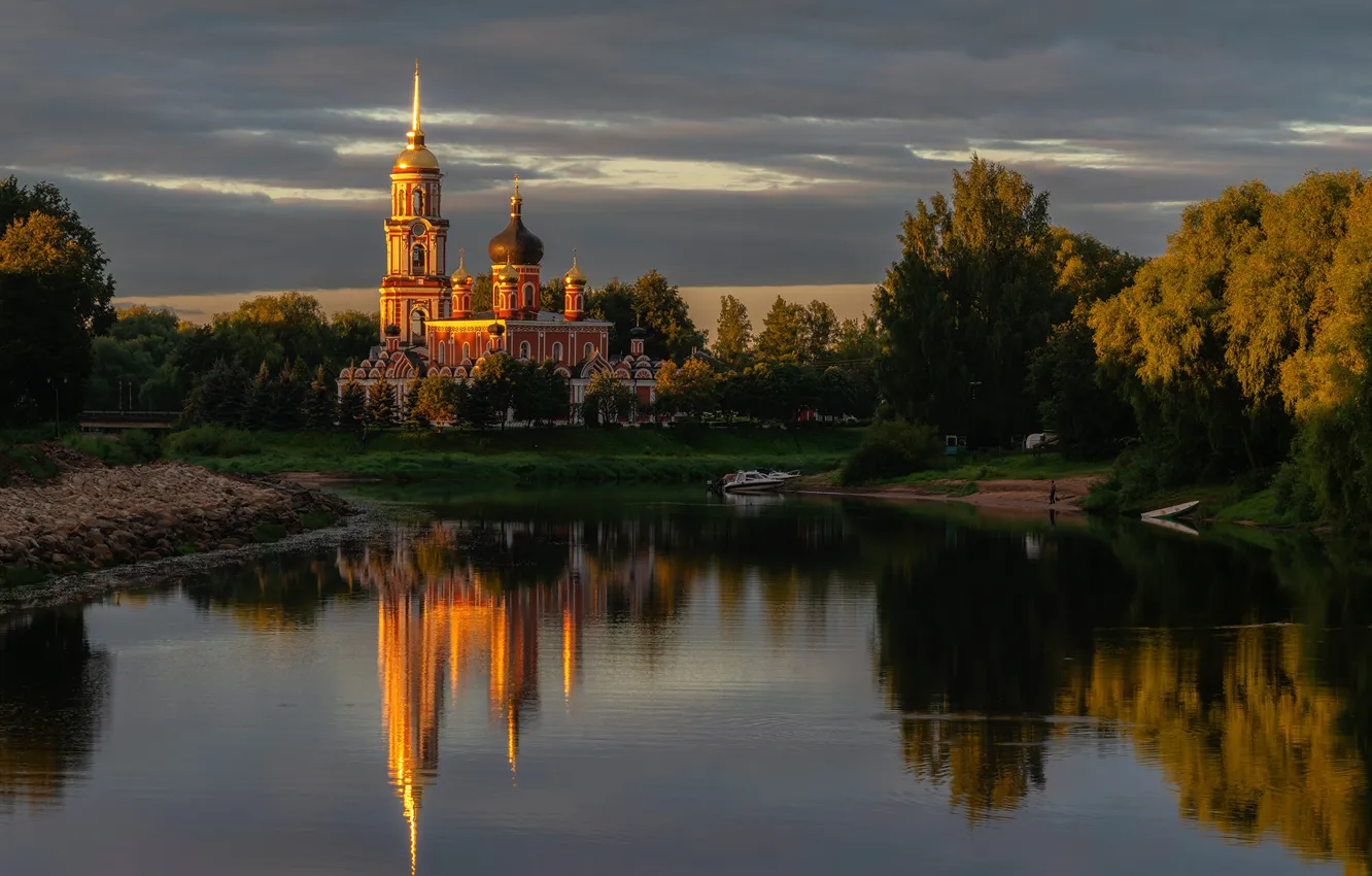 Photo wallpaper landscape, sunset, river, Polist, Staraya Russa, Resurrection Cathedral
