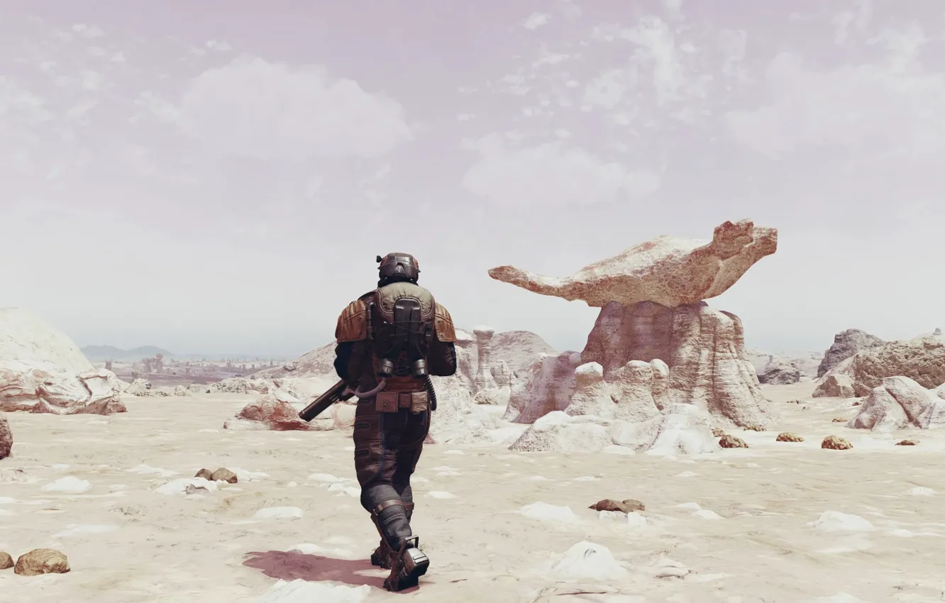 Photo wallpaper the sky, stones, weapons, desert, people, heat, planet, the suit