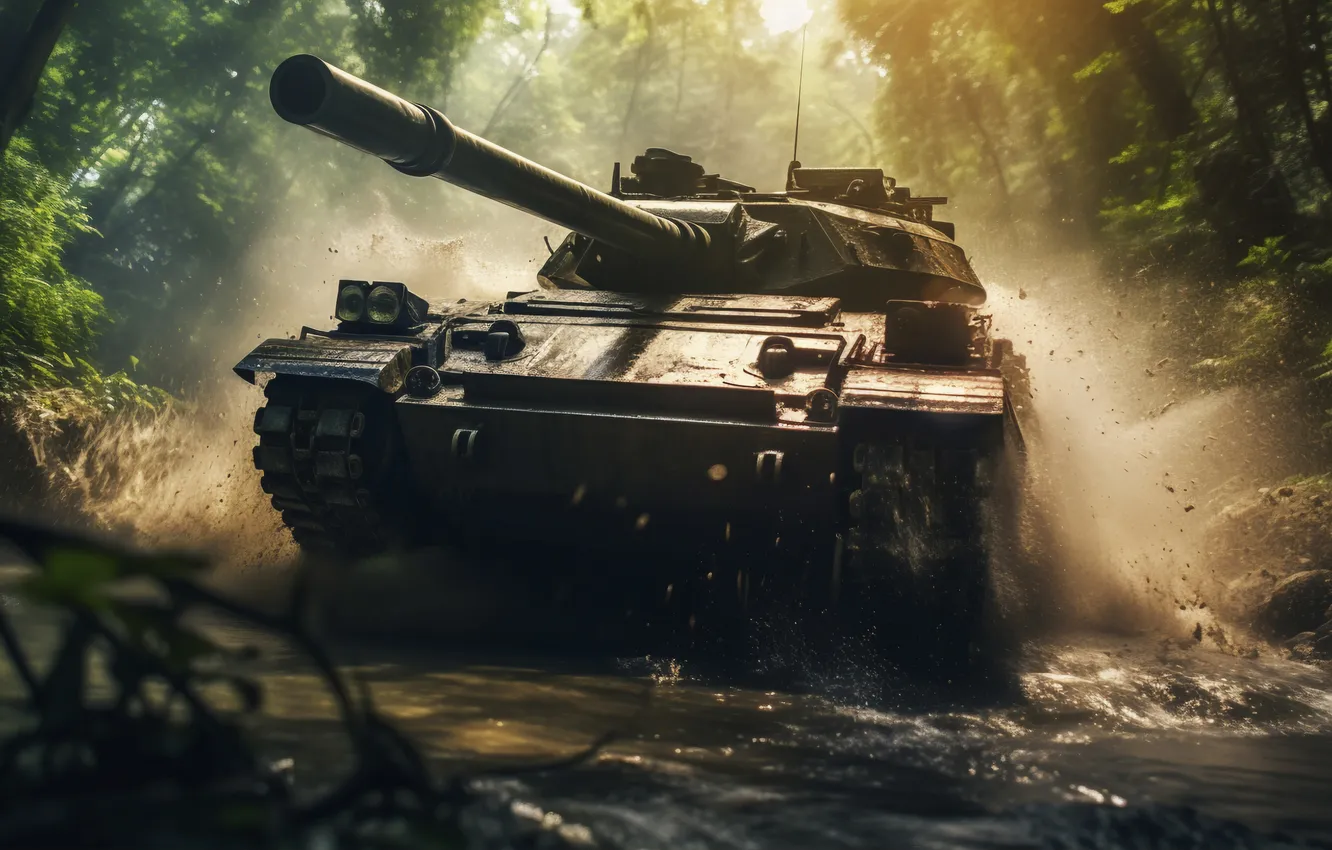 Photo wallpaper forest, trees, dirt, tank, digital art, AI art, The Art of Artificial Intelligence, neural network