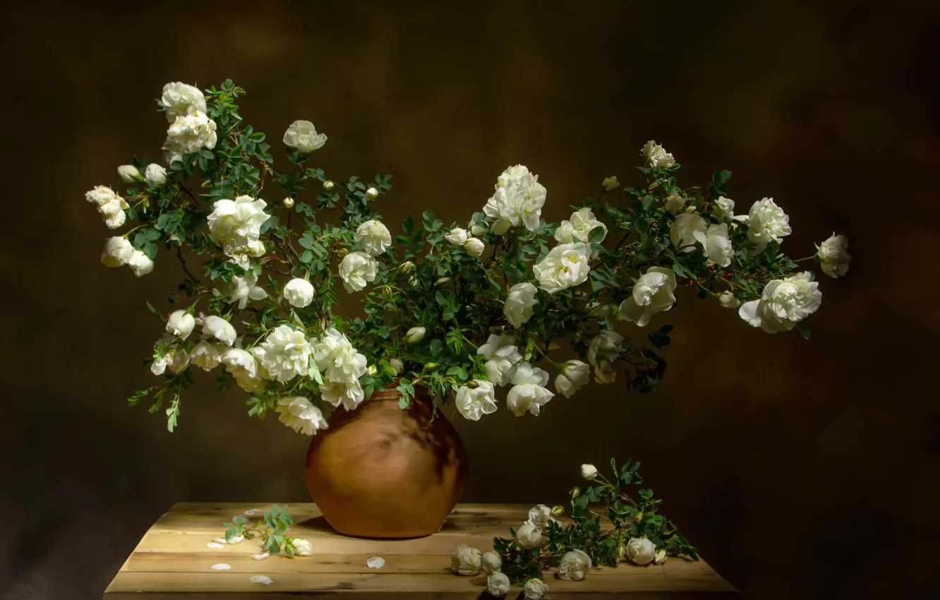 Photo wallpaper flowers, branches, Board, briar, vase, Tatiana Fedenkova