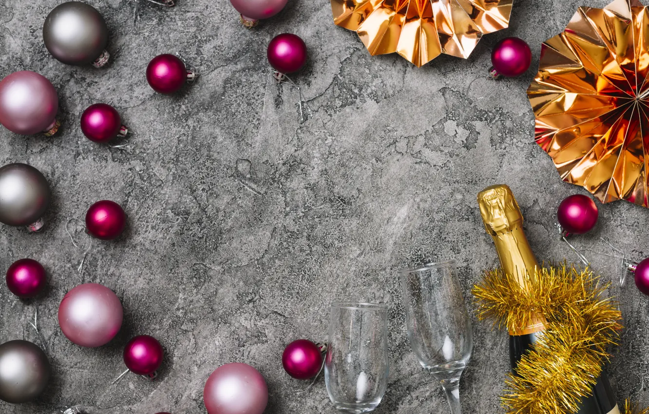 Photo wallpaper decoration, balls, colorful, New Year, glasses, Christmas, champagne, Christmas