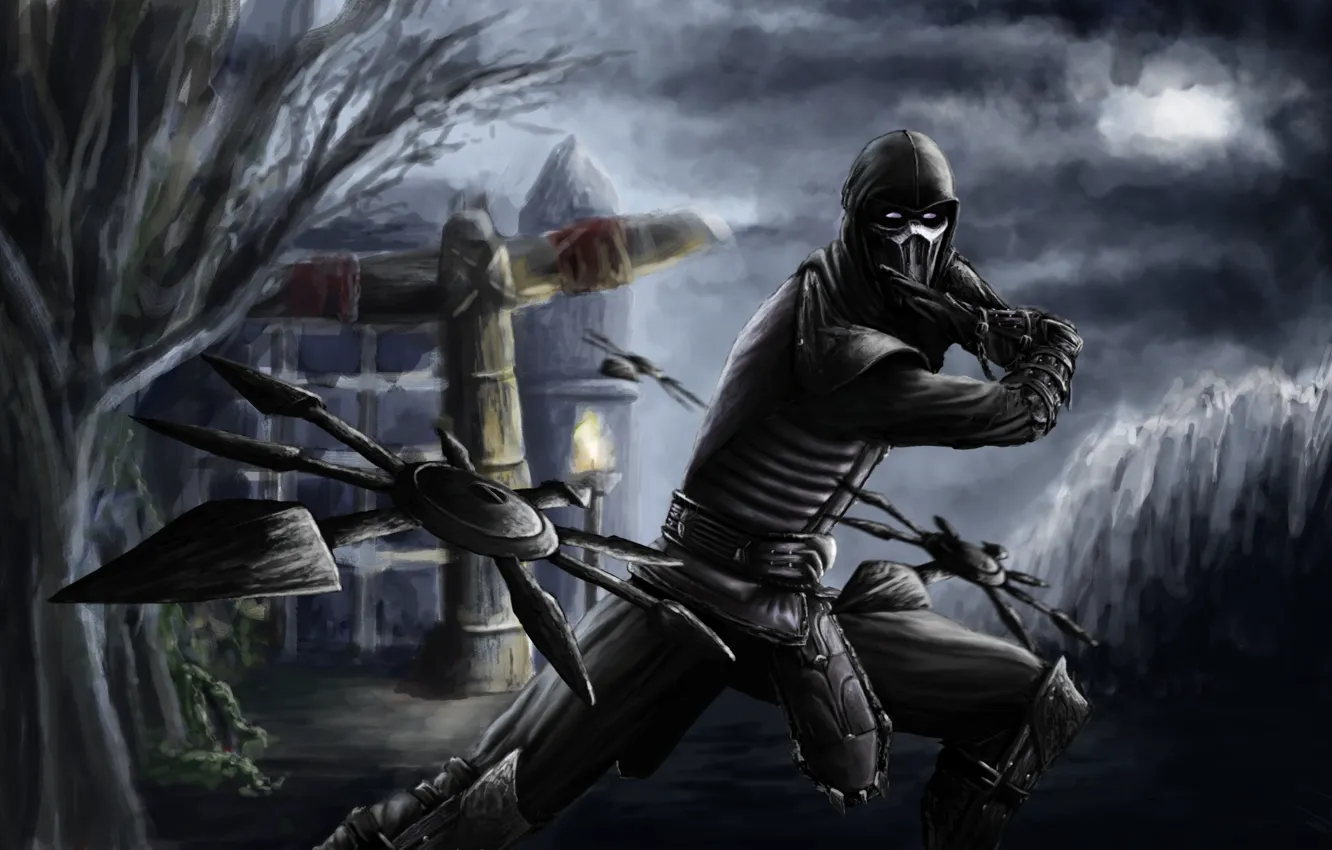 Photo wallpaper night, mask, art, Mortal Kombat, shuriken, throw, Noob Saibot