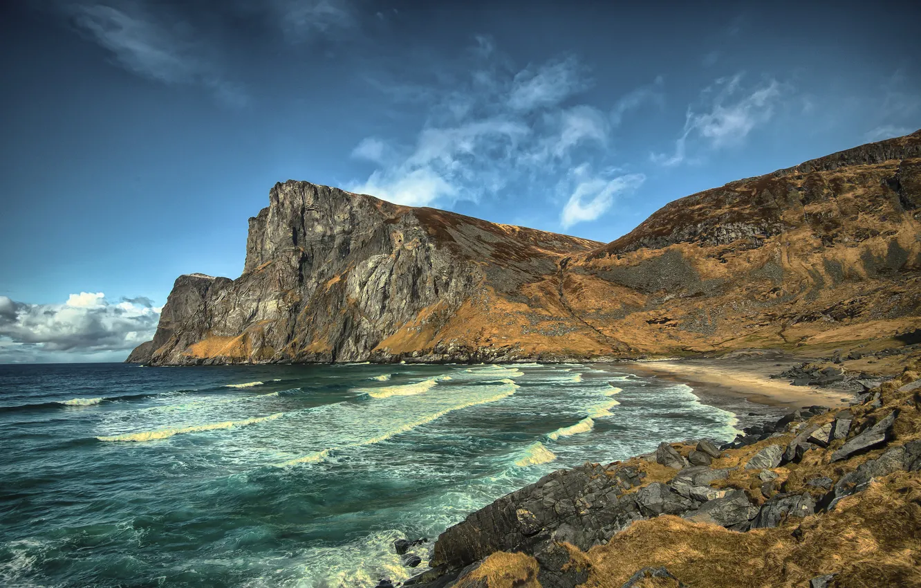 Photo wallpaper sea, the sky, clouds, mountains, rocks, shore, surf