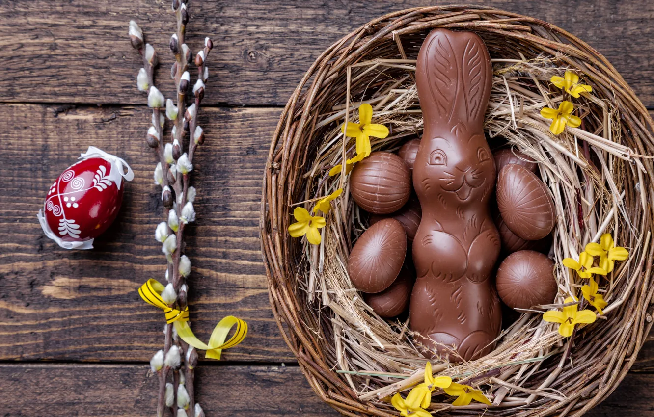 Photo wallpaper chocolate, eggs, colorful, rabbit, candy, Easter, wood, Verba