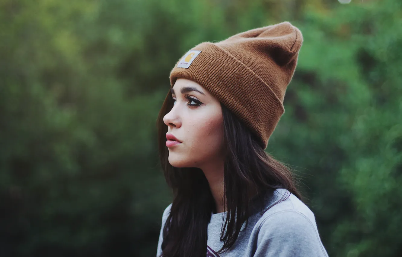 Photo wallpaper girl, background, model, hat, portrait, makeup, brunette, hairstyle