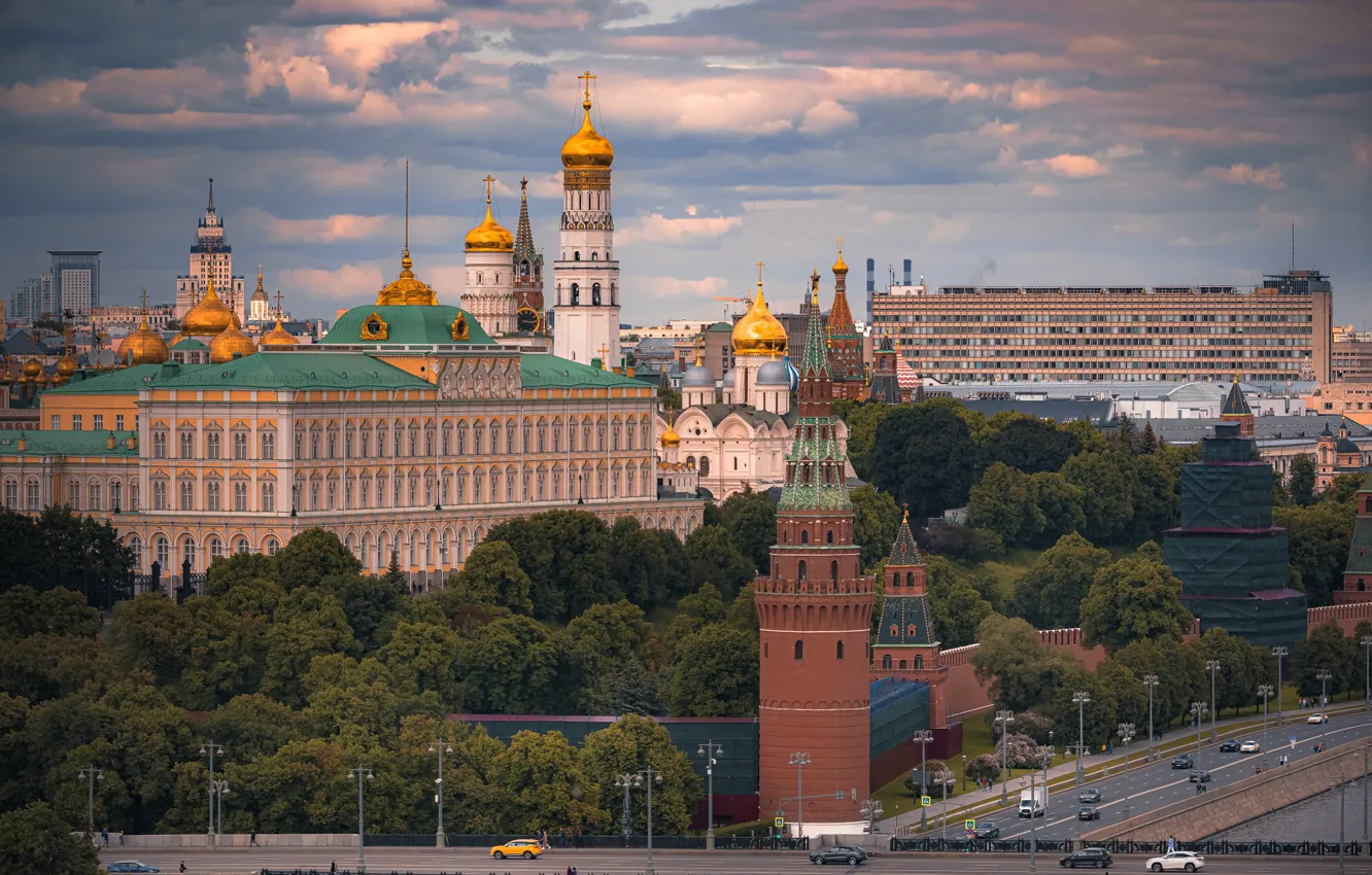 Photo wallpaper trees, bridge, building, tower, Moscow, temple, Russia, the dome