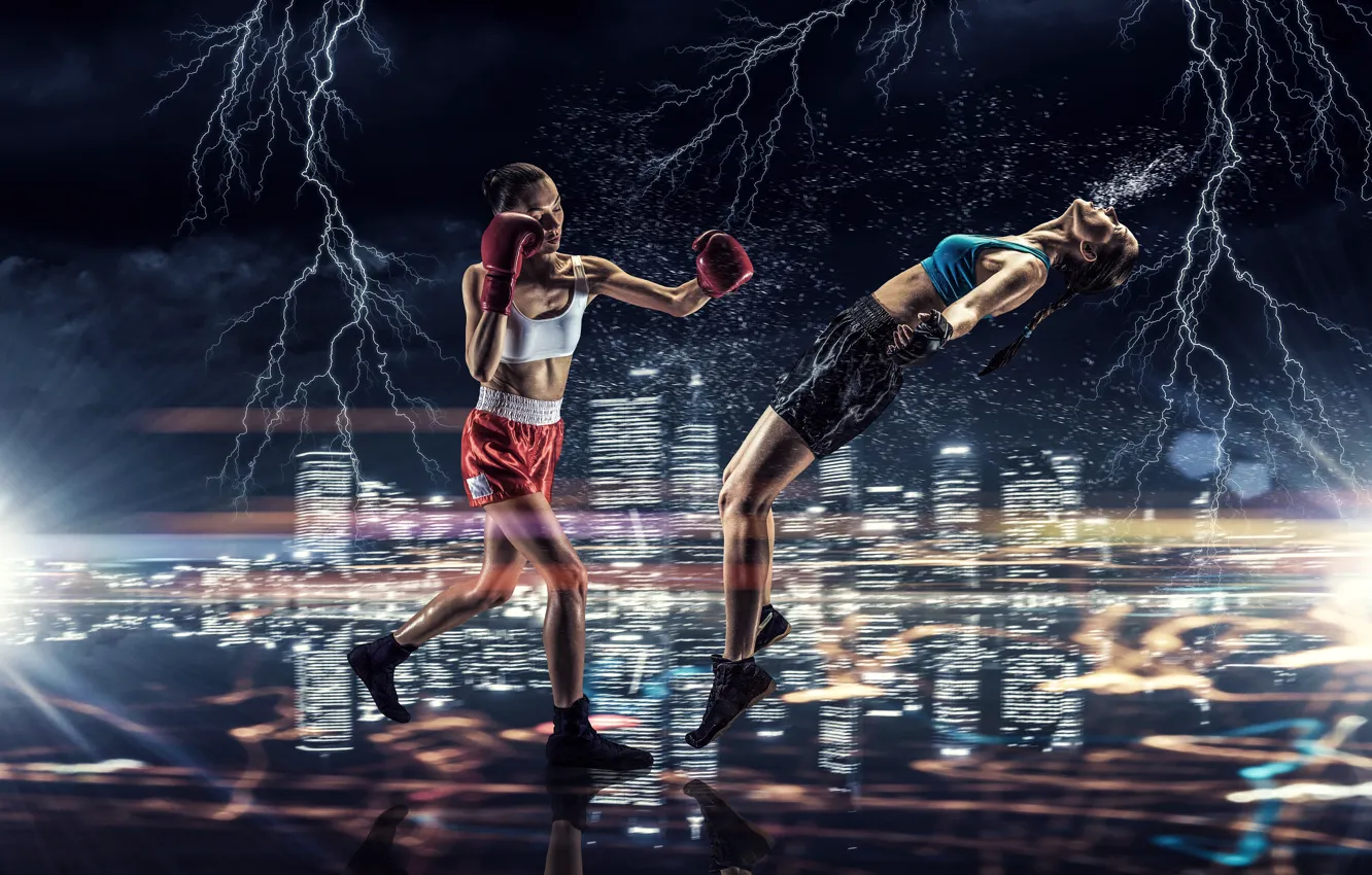 Photo wallpaper squirt, lights, background, girls, zipper, sport, two, Boxing