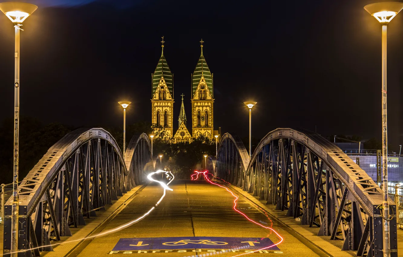 Photo wallpaper night, bridge, lights, Germany, Church, Freiburg