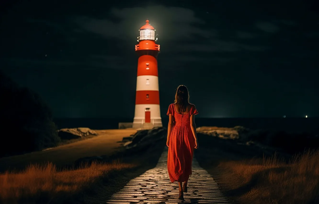Photo wallpaper girl, night, lighthouse, walk, red dress, digital art, AI art, The Art of Artificial Intelligence