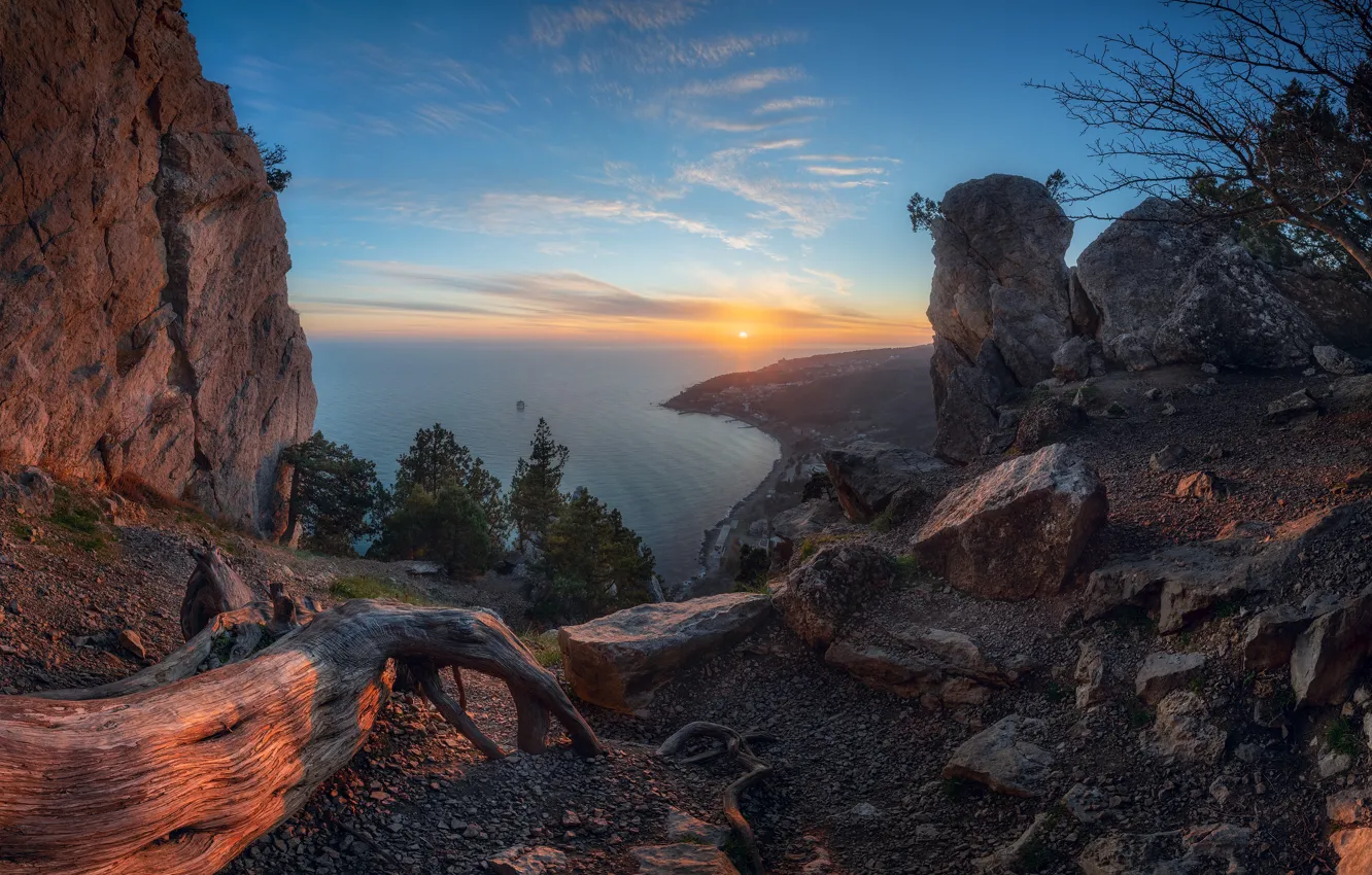 Photo wallpaper sea, landscape, sunset, mountains, nature, stones, shore, Crimea