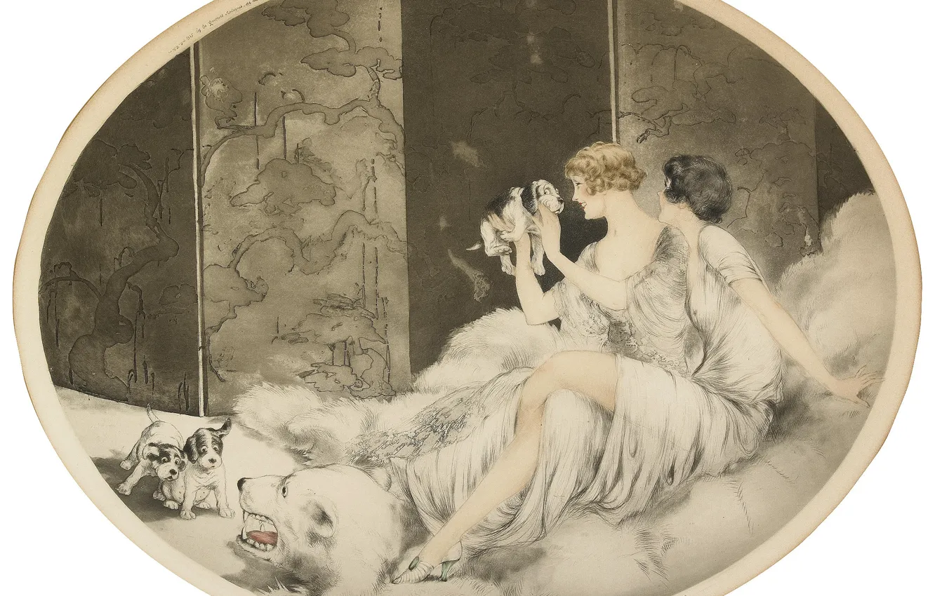 Photo wallpaper Puppies, 1925, Louis Icart, art Deco, etching and aquatint, the polar bear's head
