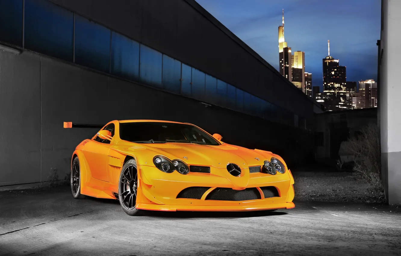 Photo wallpaper the sky, orange, skyscrapers, 722, Mercedes Benz, orange, SLR McLaren, wing