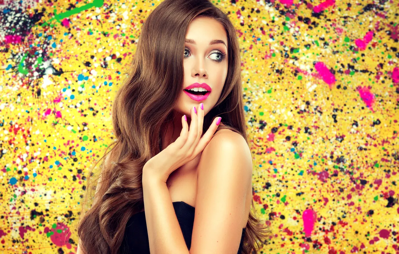 Photo wallpaper look, pose, background, portrait, hands, makeup, lipstick, hairstyle