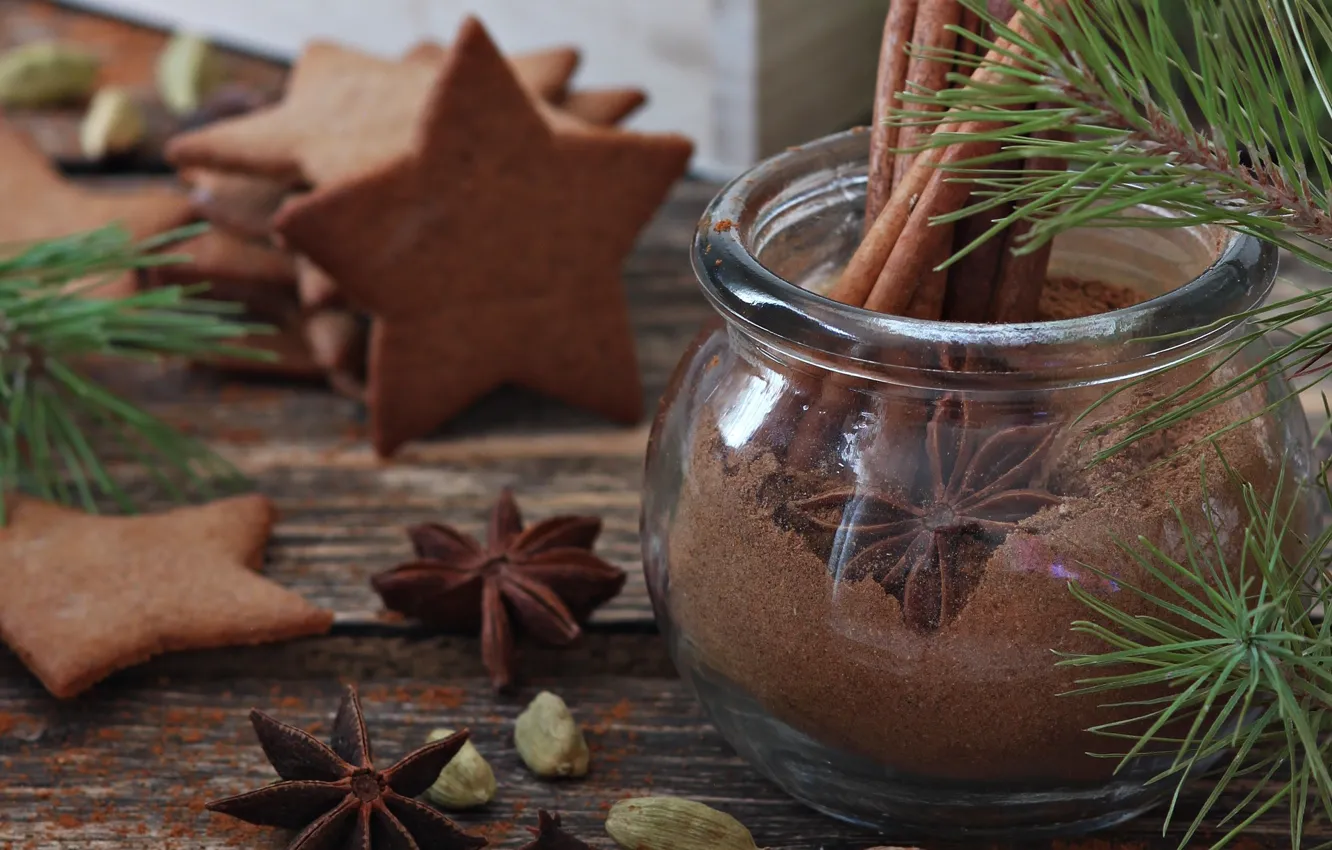 Photo wallpaper spruce, cookies, cinnamon, spices, cardamom, Anis